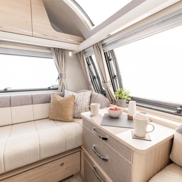 An interior image of the living room inside a Crusader caravan.