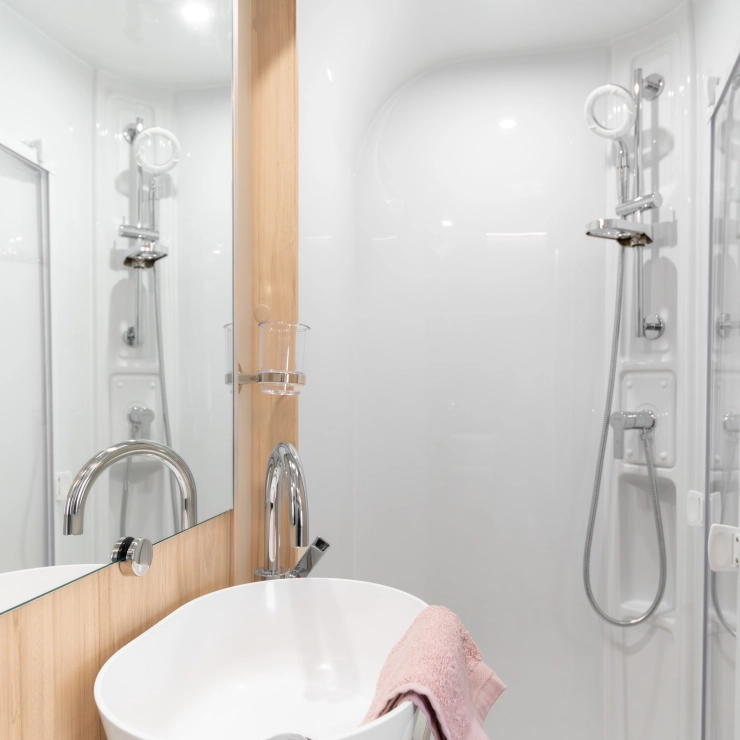 A closer look of the Full-width rear washroom inside the Whirlwind 554.