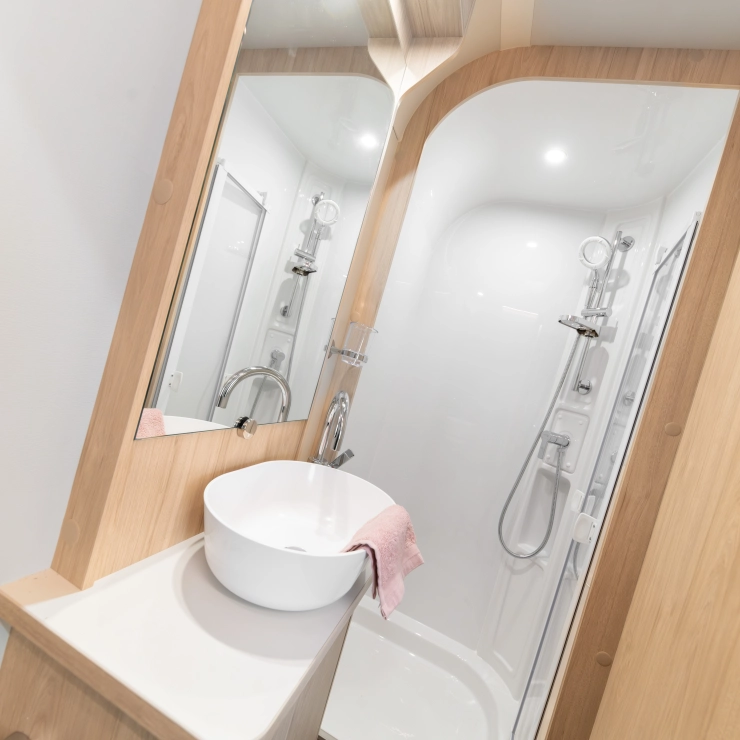 Another image of the Full-width rear washroom inside the Whirlwind 554.