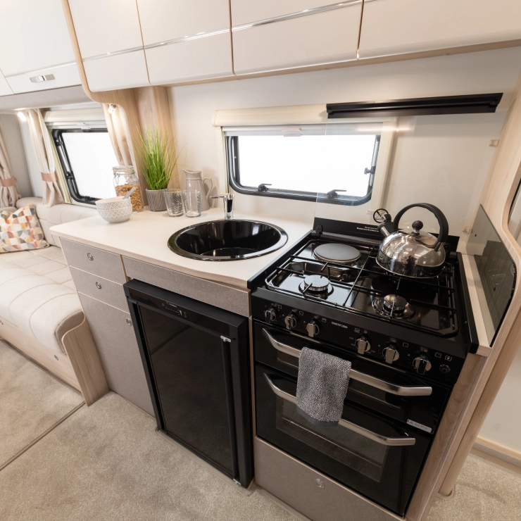 Kitchen area of the Whirlwind 554 caravan.